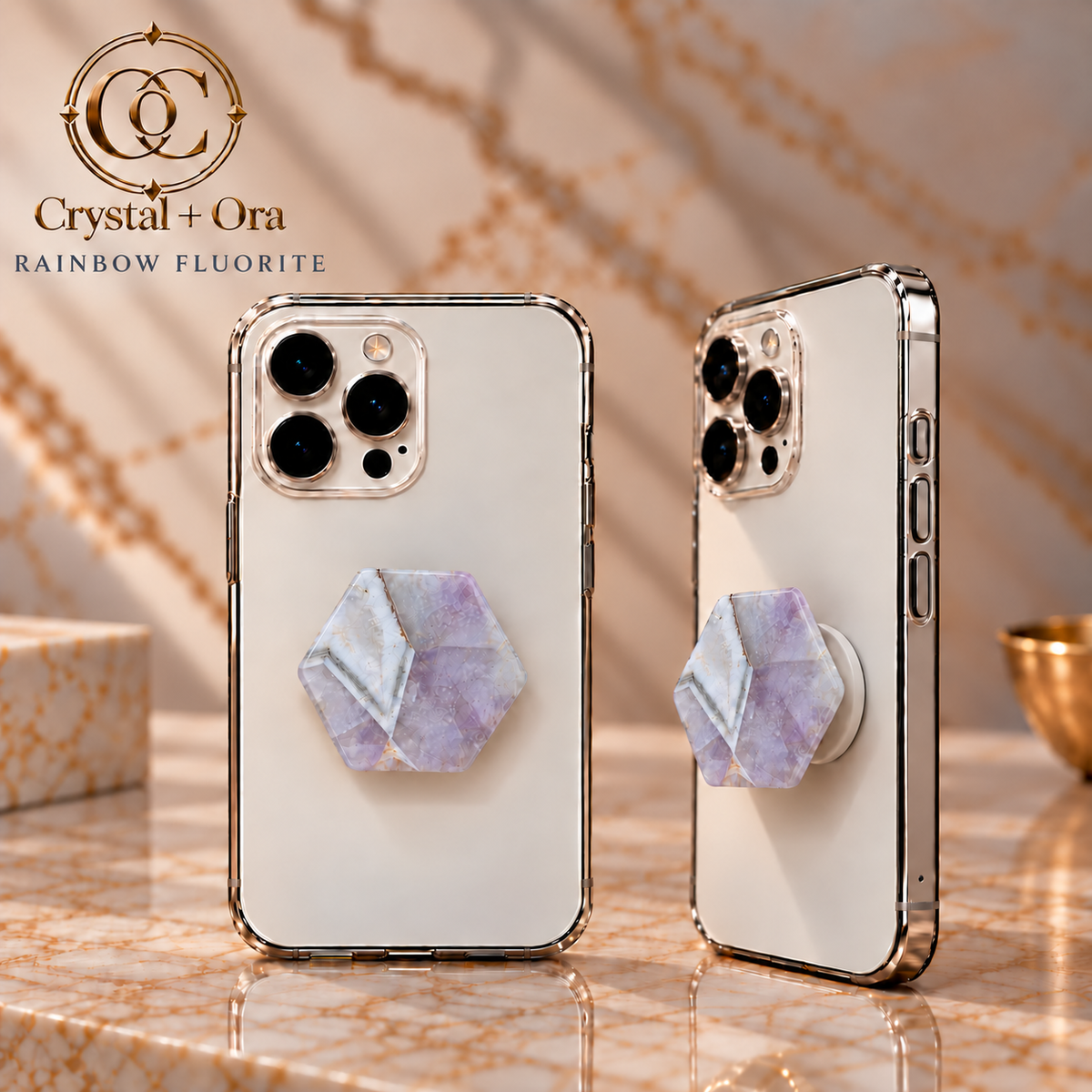 Aurora Collection — pale lavender hexagonal mineral phone grip shown on two white phones
