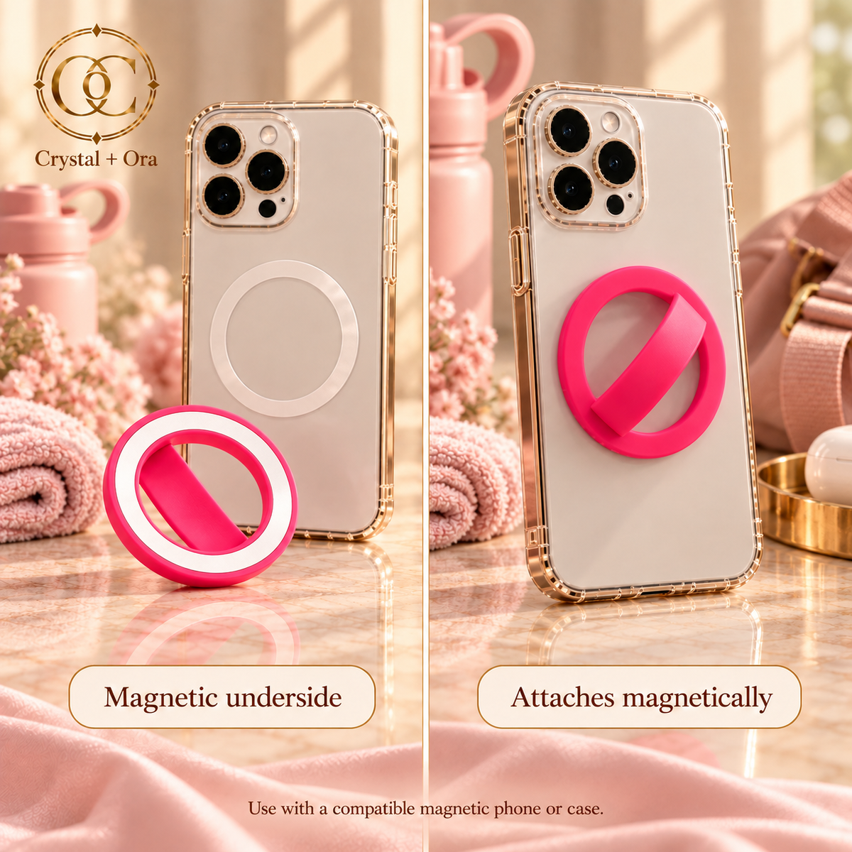Pink silicone phone ring showing its magnetic underside and attachment to a compatible phone case with feminine blush props