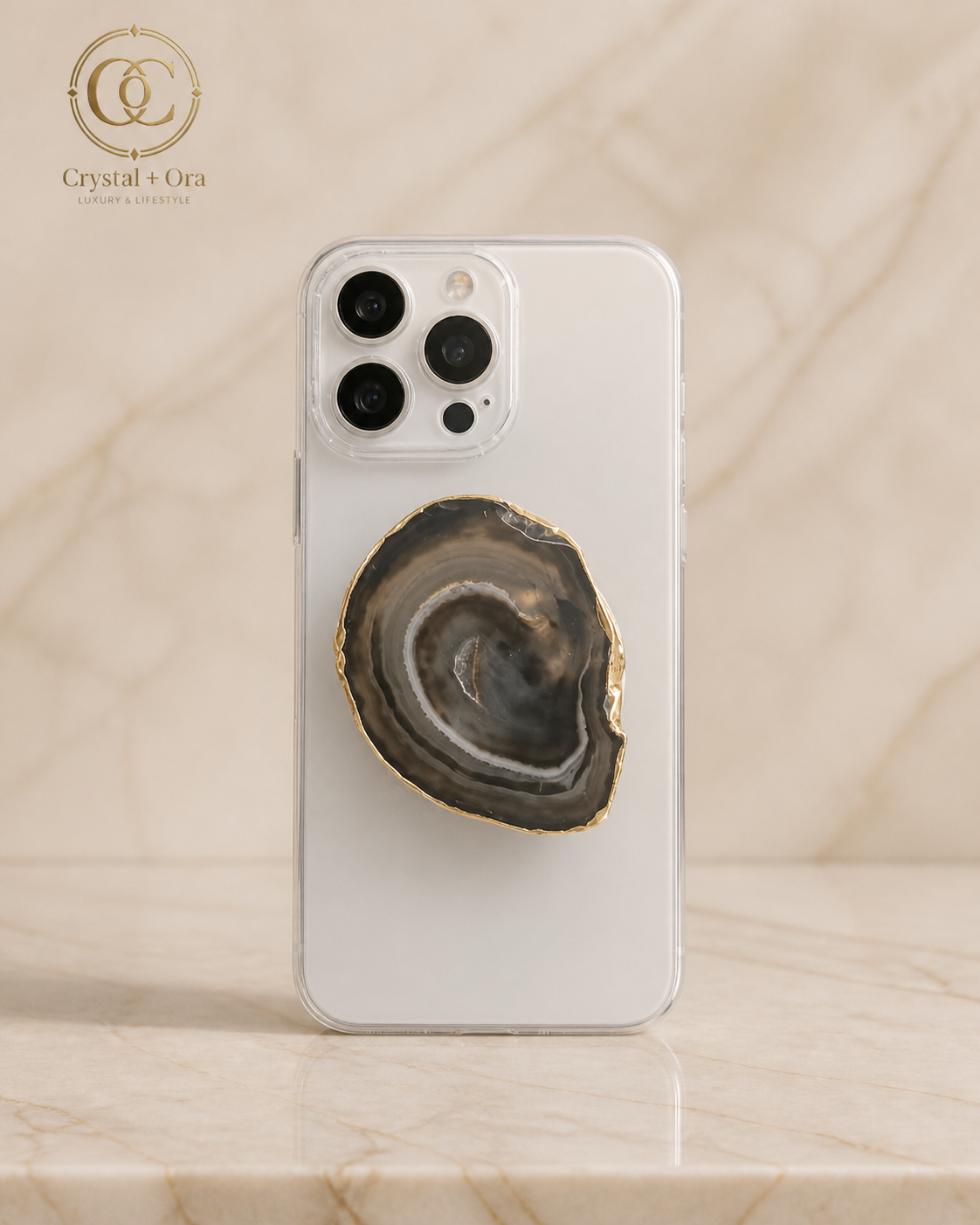 Phone with a rose agate crystal holder on the back