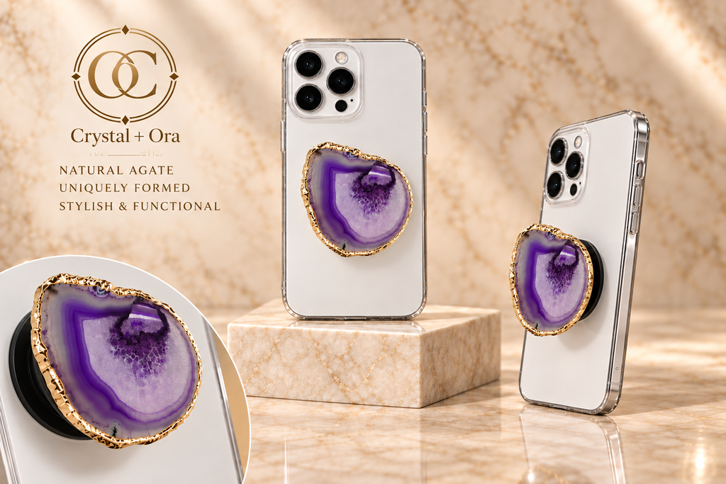 Purple Agate Mineral Phone Grip with Gold-Tone Edge