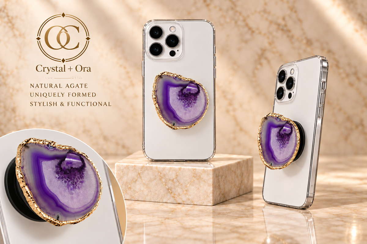 Purple Agate Mineral Phone Grip with Gold-Tone Edge