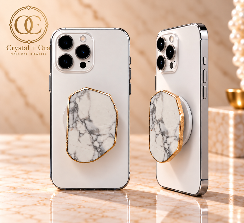 Natural Howlite Mineral Phone Grip with Gold-Tone Edge