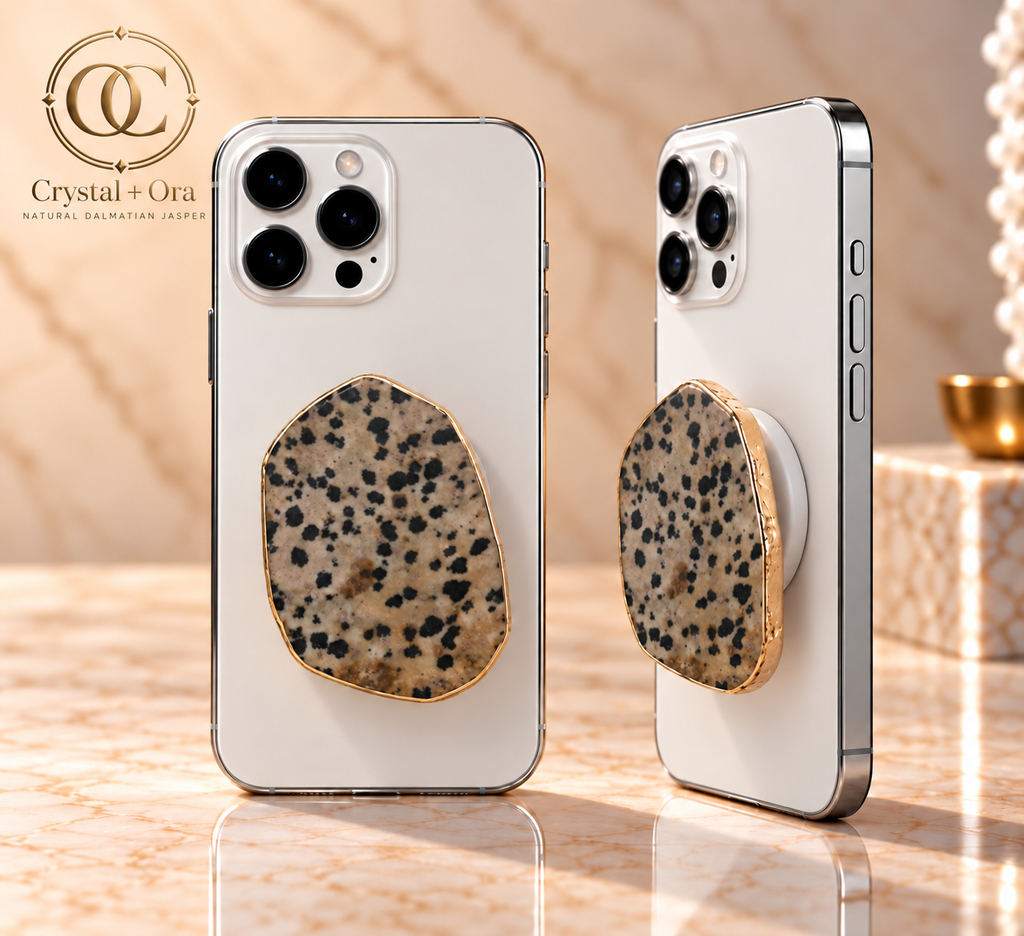 Natural Dalmatian Jasper Mineral Phone Grip with Gold-Tone Edge