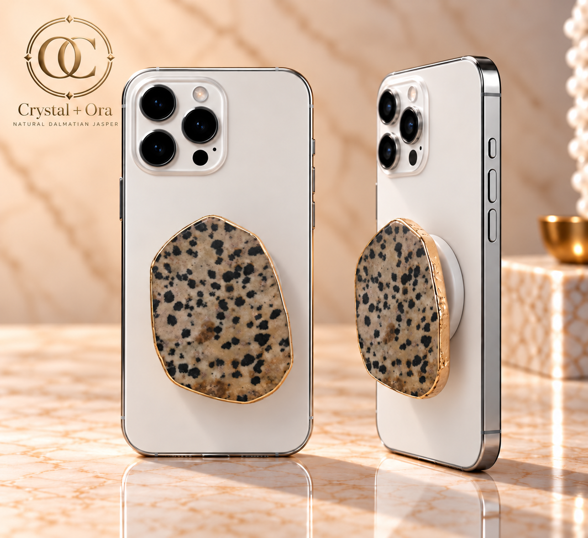 Natural Dalmatian Jasper Mineral Phone Grip with Gold-Tone Edge