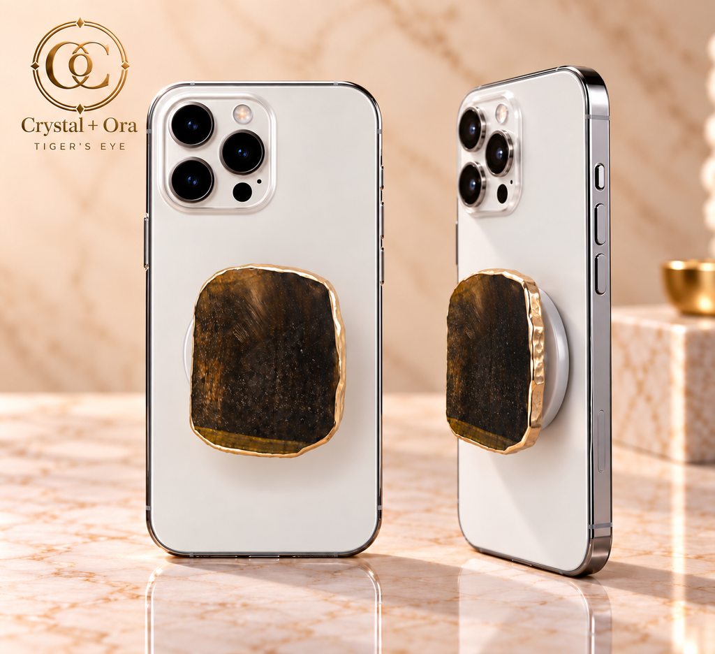 Natural Tiger’s Eye Mineral Phone Grip with Gold-Tone Edge