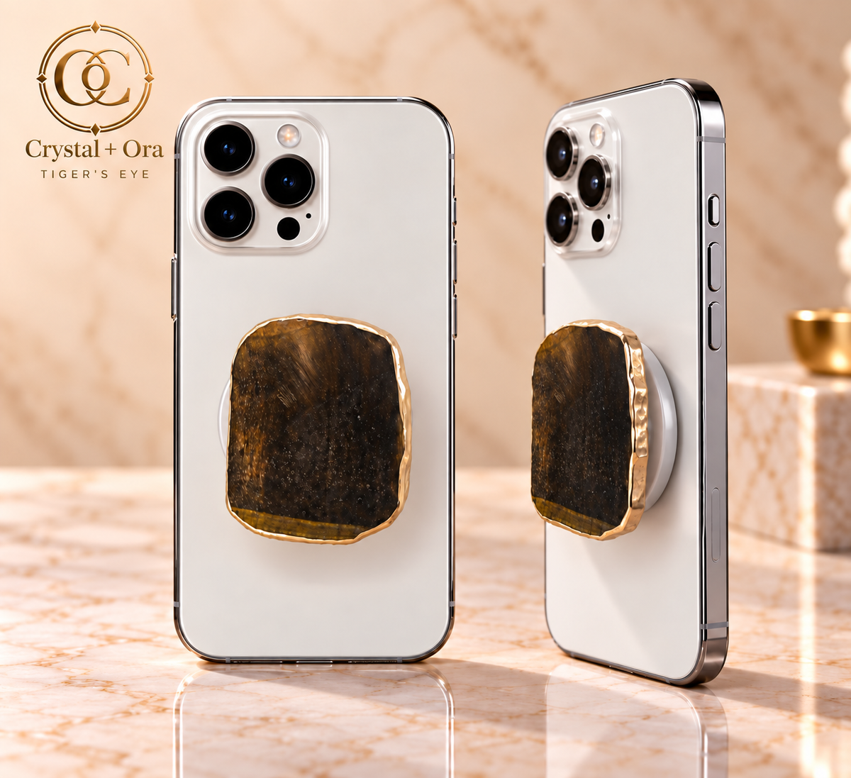 Natural Tiger’s Eye Mineral Phone Grip with Gold-Tone Edge