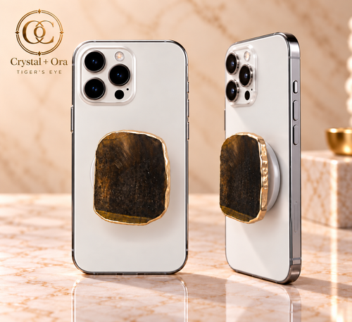 Natural Tiger’s Eye Mineral Phone Grip with Gold-Tone Edge