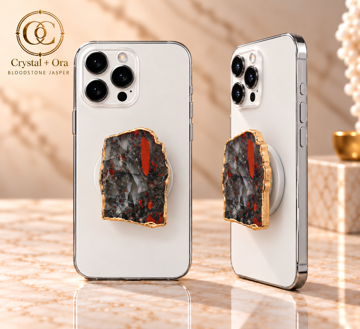 Natural Bloodstone Jasper Mineral Phone Grip with Gold-Tone Edge