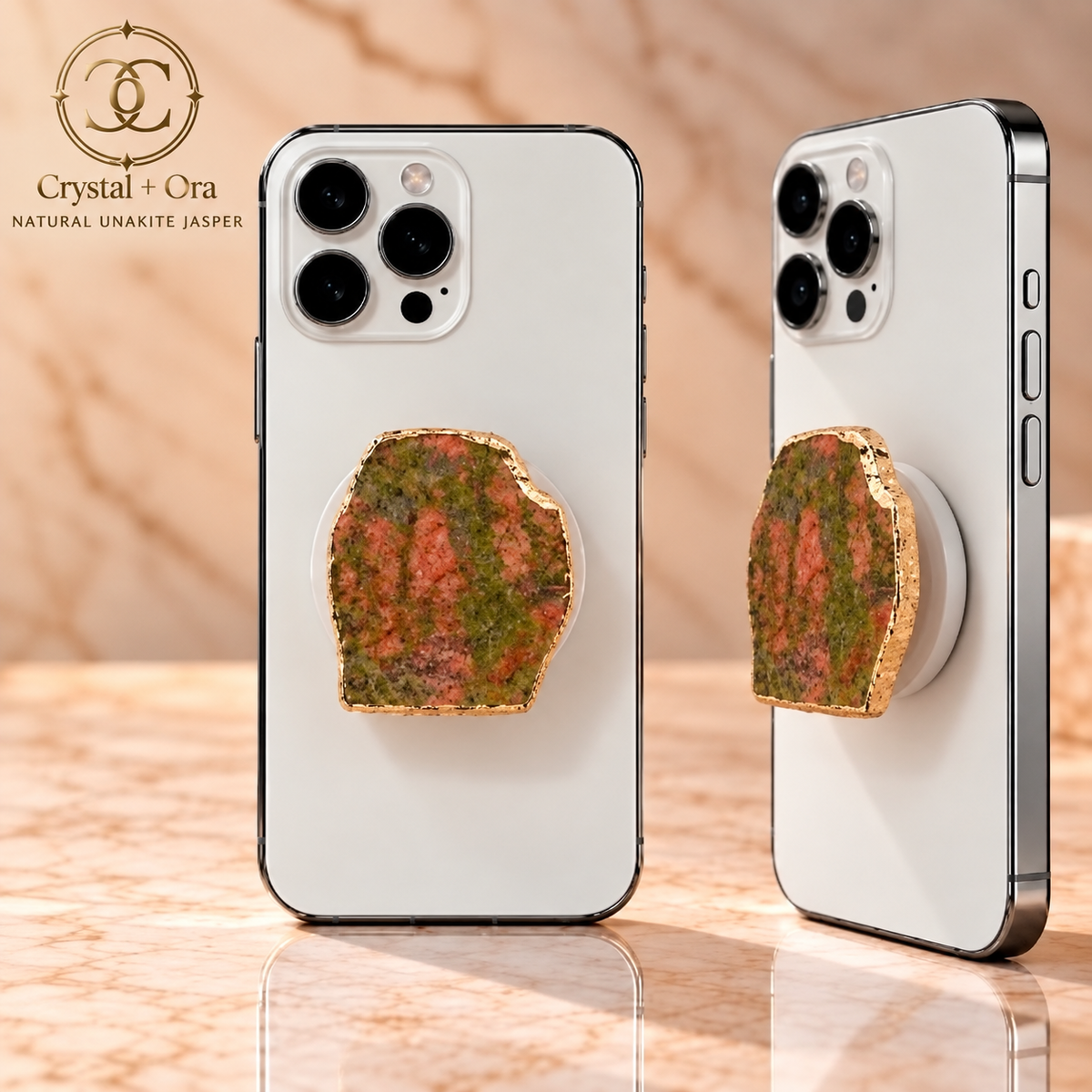 Natural Unakite Jasper Mineral Phone Grip with Gold-Tone Edge