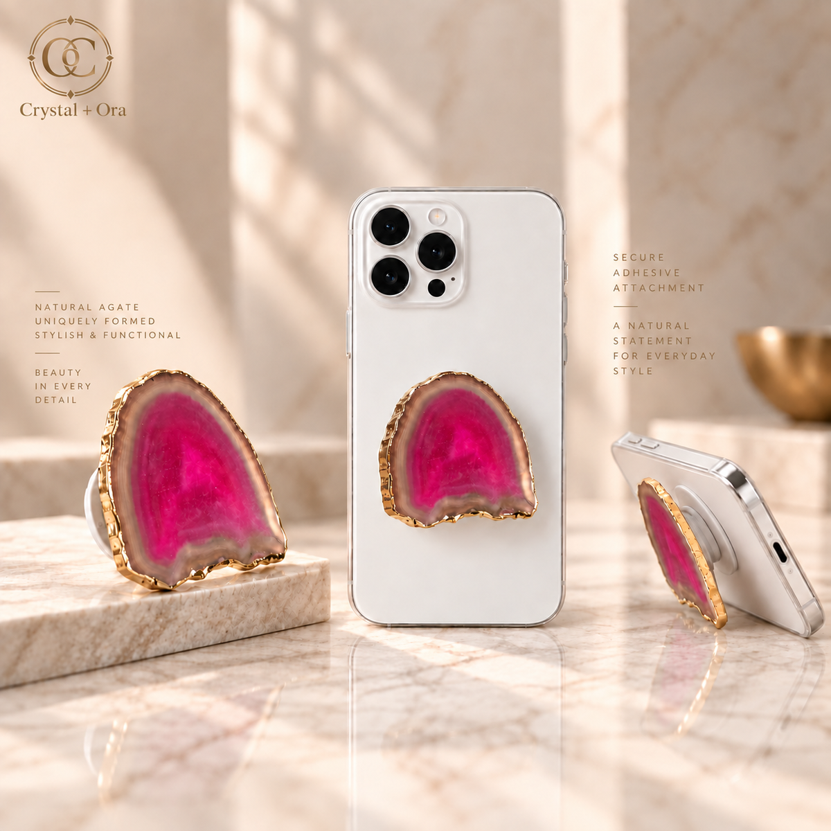 Vibrant Pink Agate Mineral Phone Grip with Gold-Tone Edge