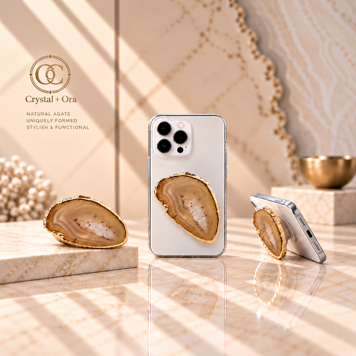 Honey Brown Agate Mineral Phone Grip with Gold-Tone Edge