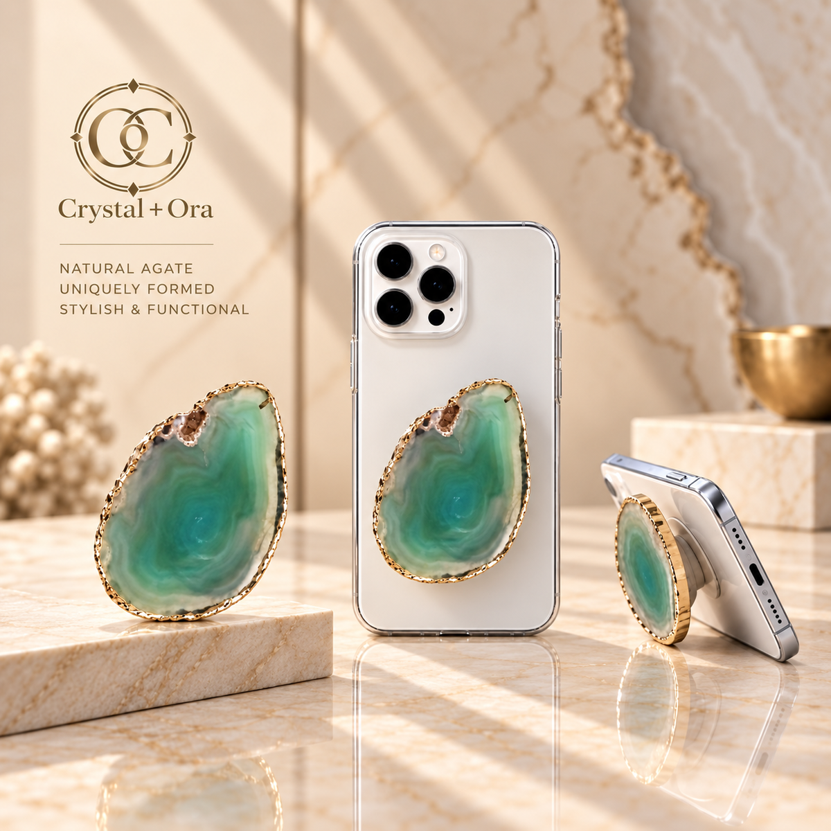Seafoam Green Agate Mineral Phone Grip with Gold-Tone Edge