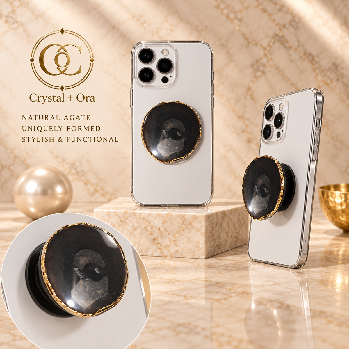Midnight Charcoal Agate Mineral Phone Grip
