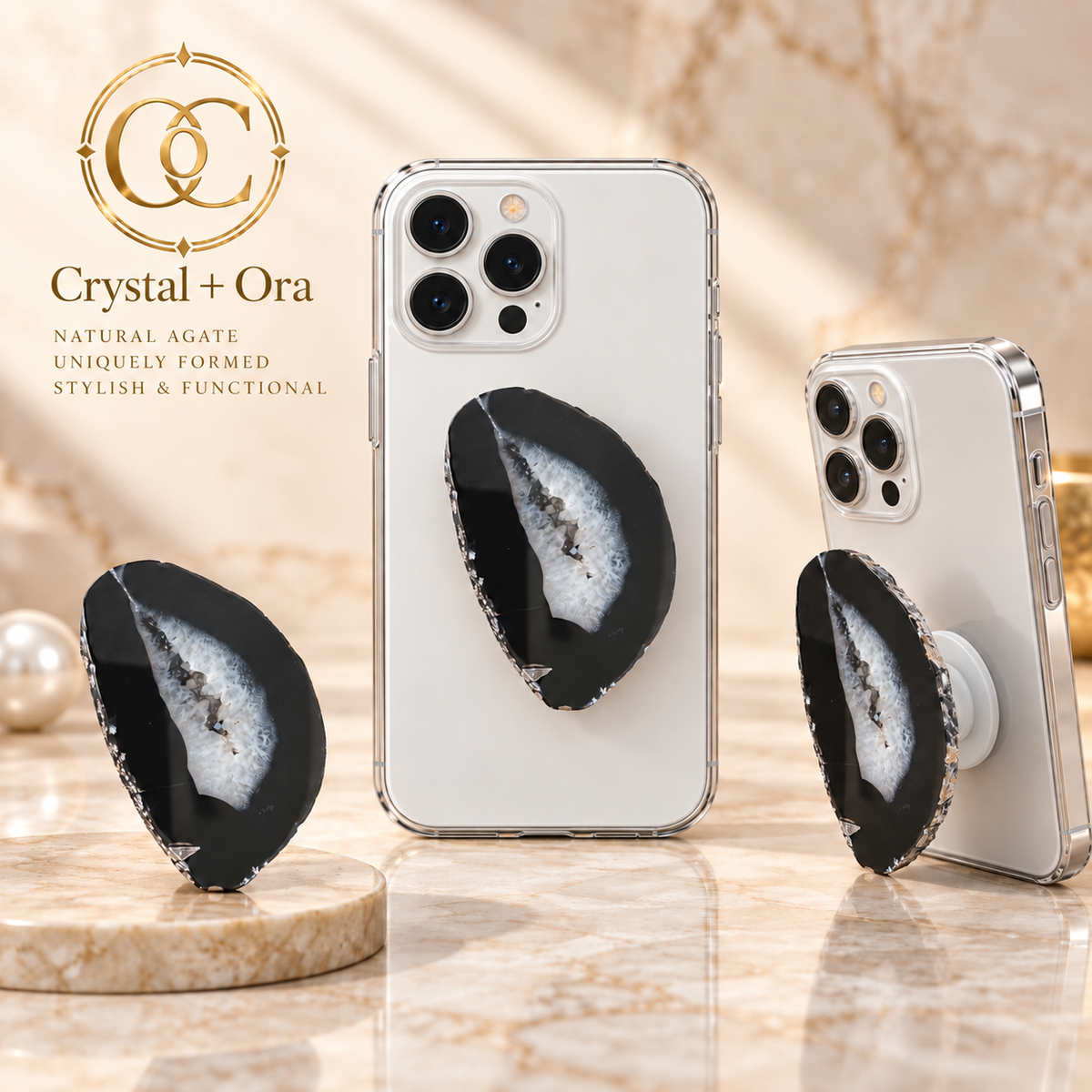 Black agate MagSafe phone grip with white backing on white phones