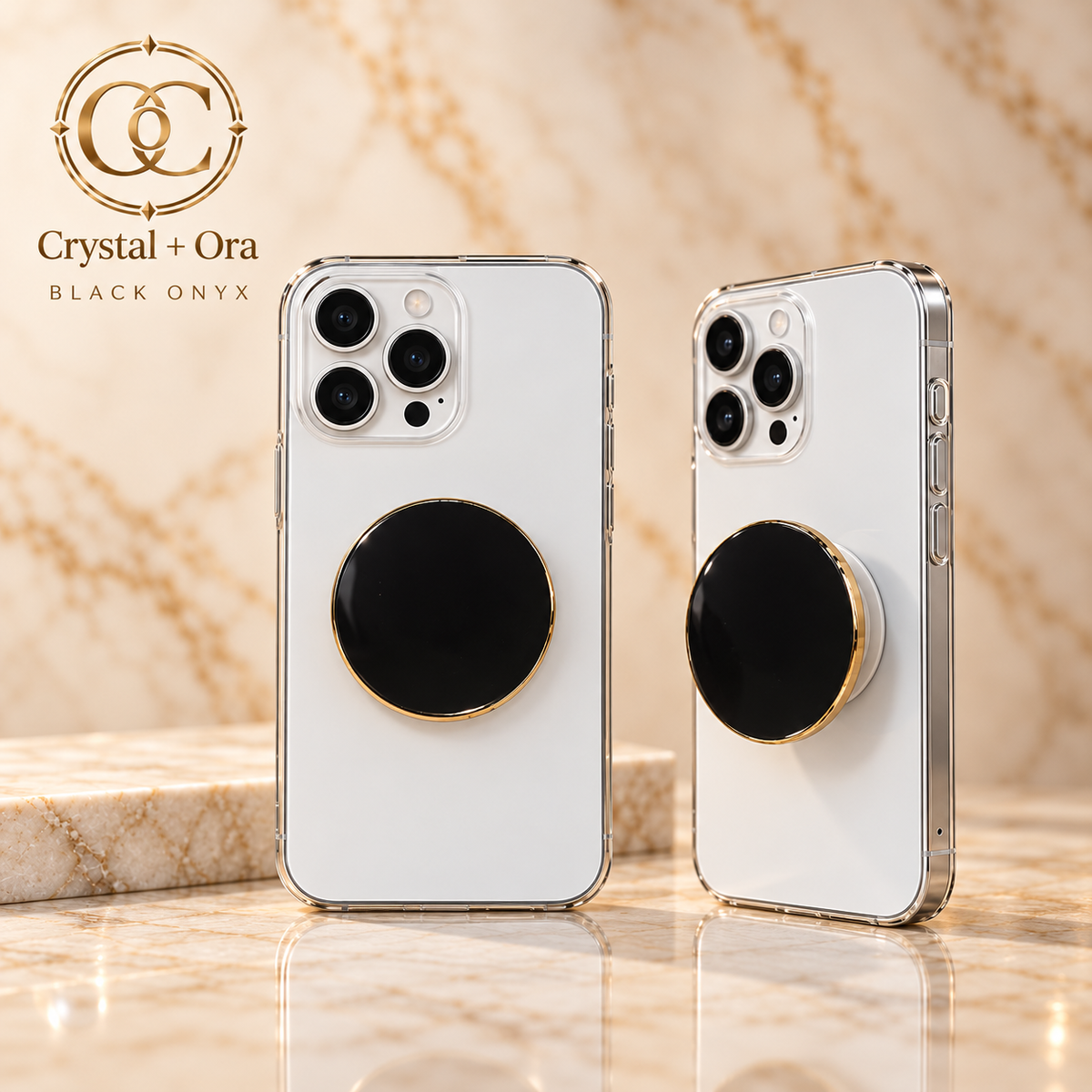 Gold-edge Black Onyx Halo MagSafe phone grip on white phones