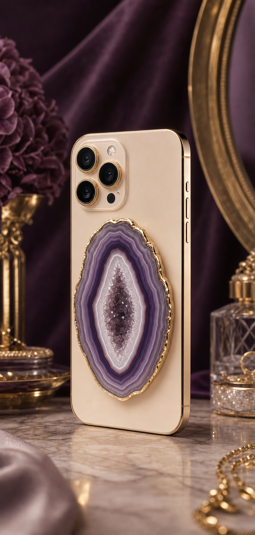 Phone with an amethyst agate crystal holder on the back