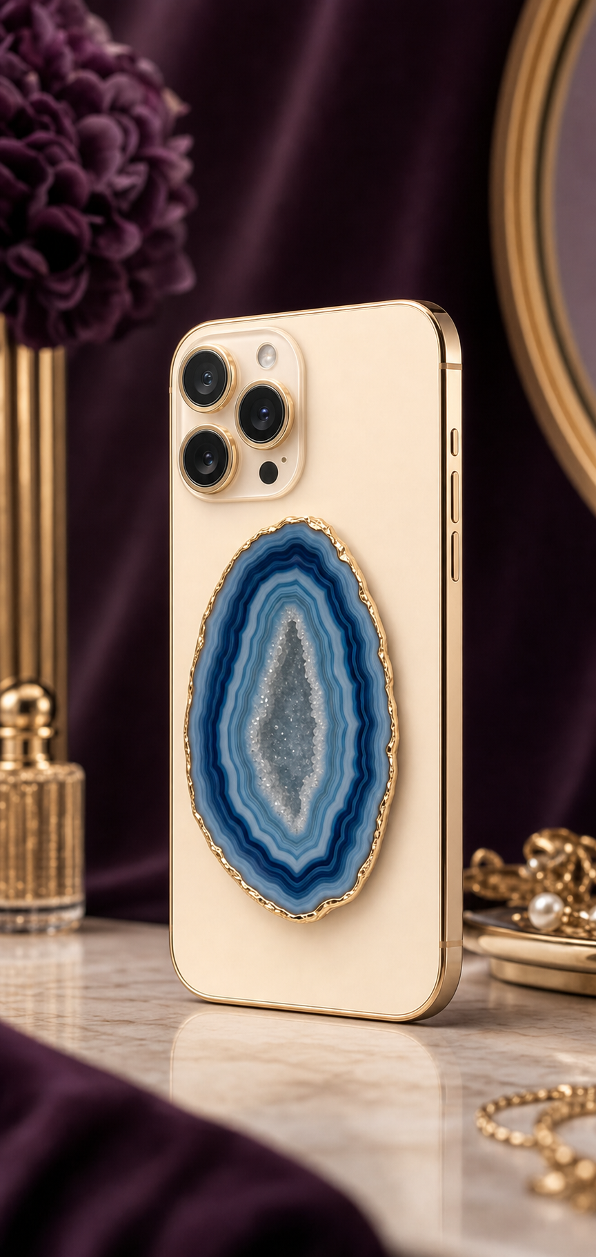 Phone with a blue agate crystal holder on the back