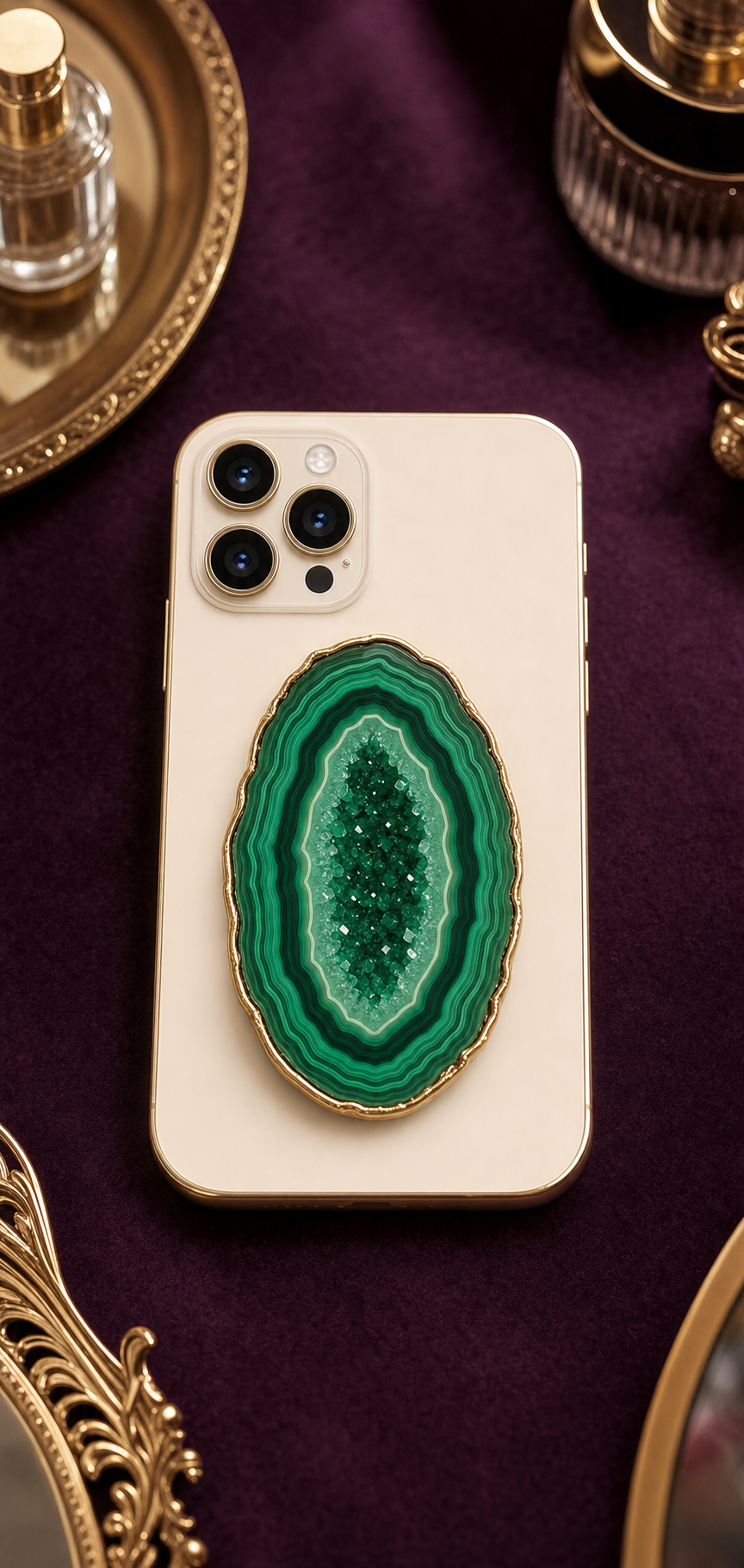Crystal + Ora phone holder in green druzy