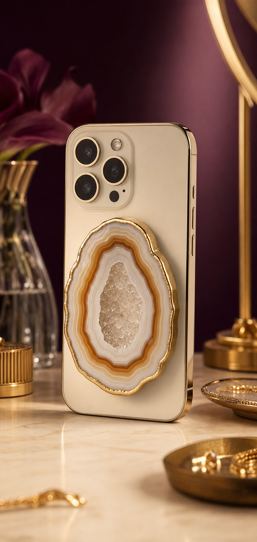 Phone with a honey agate slice holder on the back