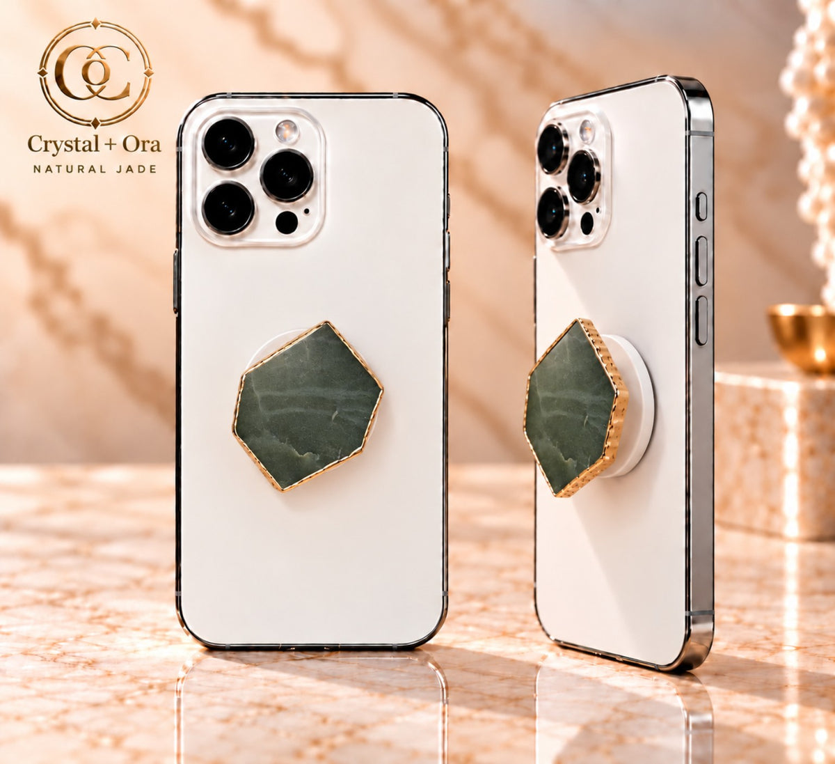 Natural Jade MagSafe Phone Grip with Gold-Tone Edge