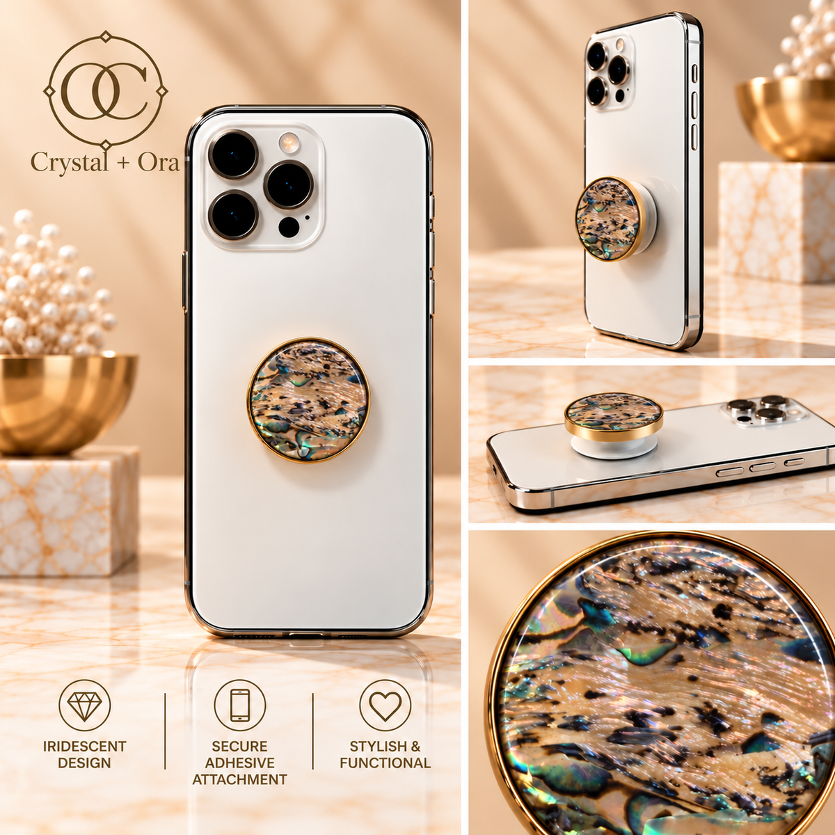 Bronze Iridescent Petite grip in a square collage showing rear, angled, side and close-up views