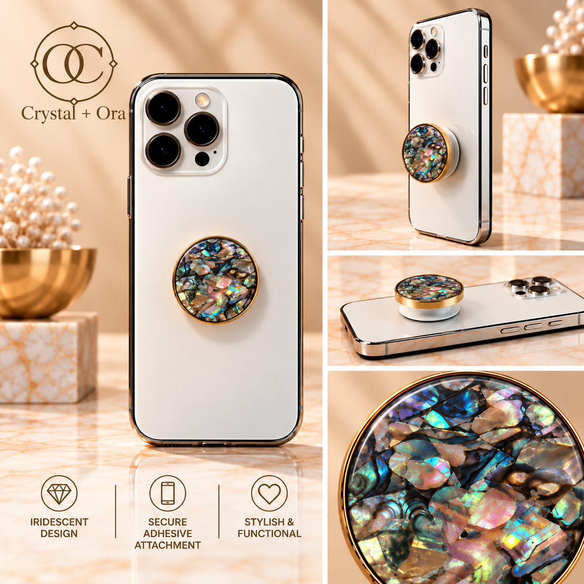 Iridescent Mosaic Petite grip in a square collage showing rear, angled, side and close-up views