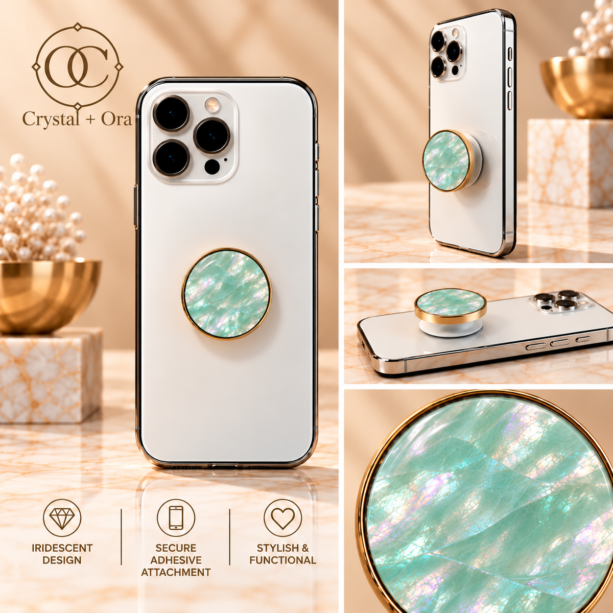Seafoam Green Petite grip in a square collage showing rear, angled, side and close-up views