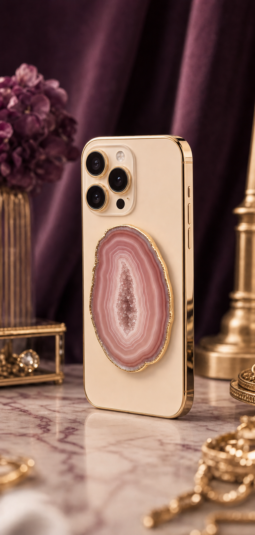Phone with a rose agate crystal holder on the back