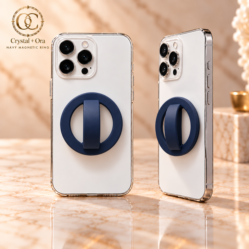 Navy Magnetic Silicone Phone Ring — two aligned phone views