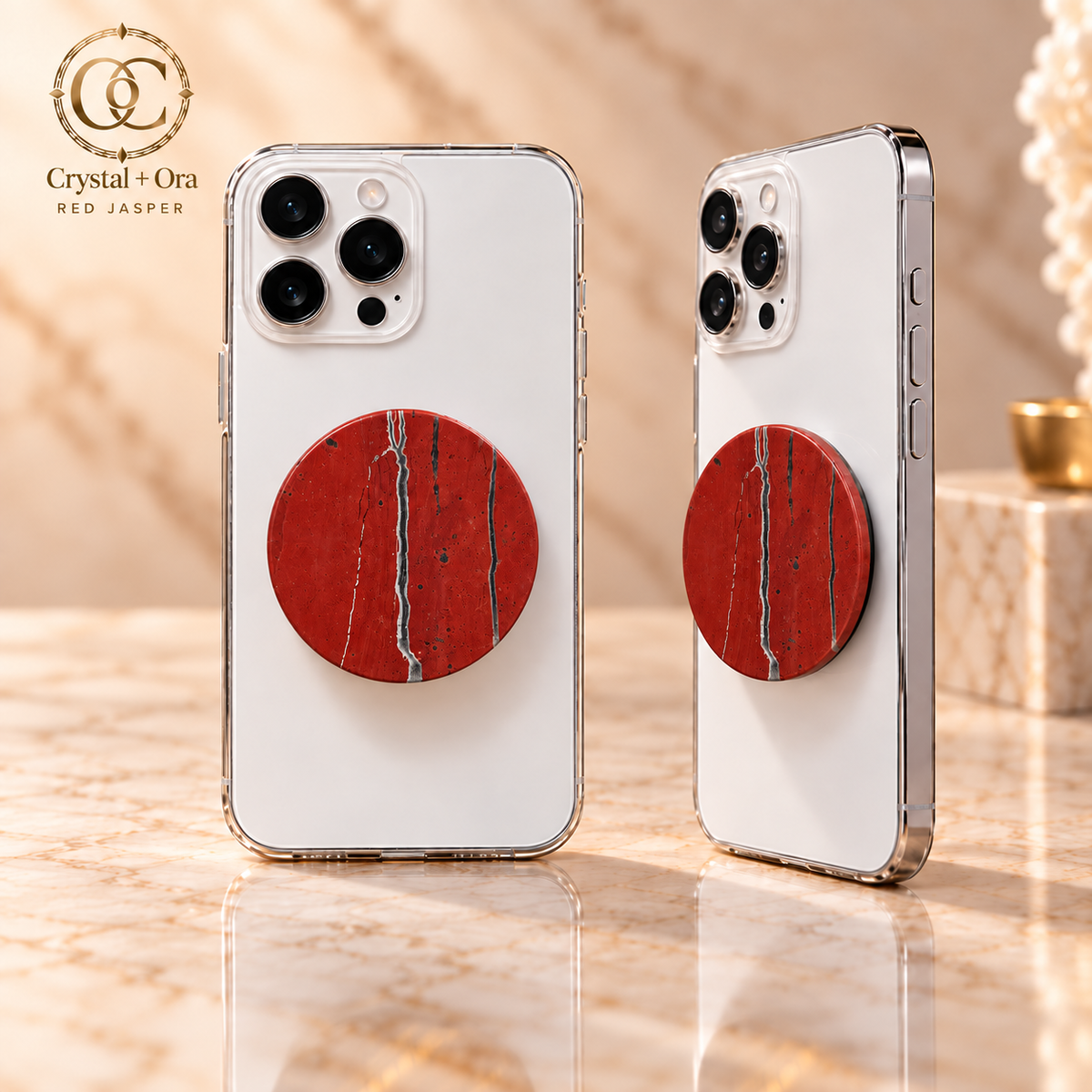 Red Jasper Halo MagSafe Phone Grip — two aligned phone views
