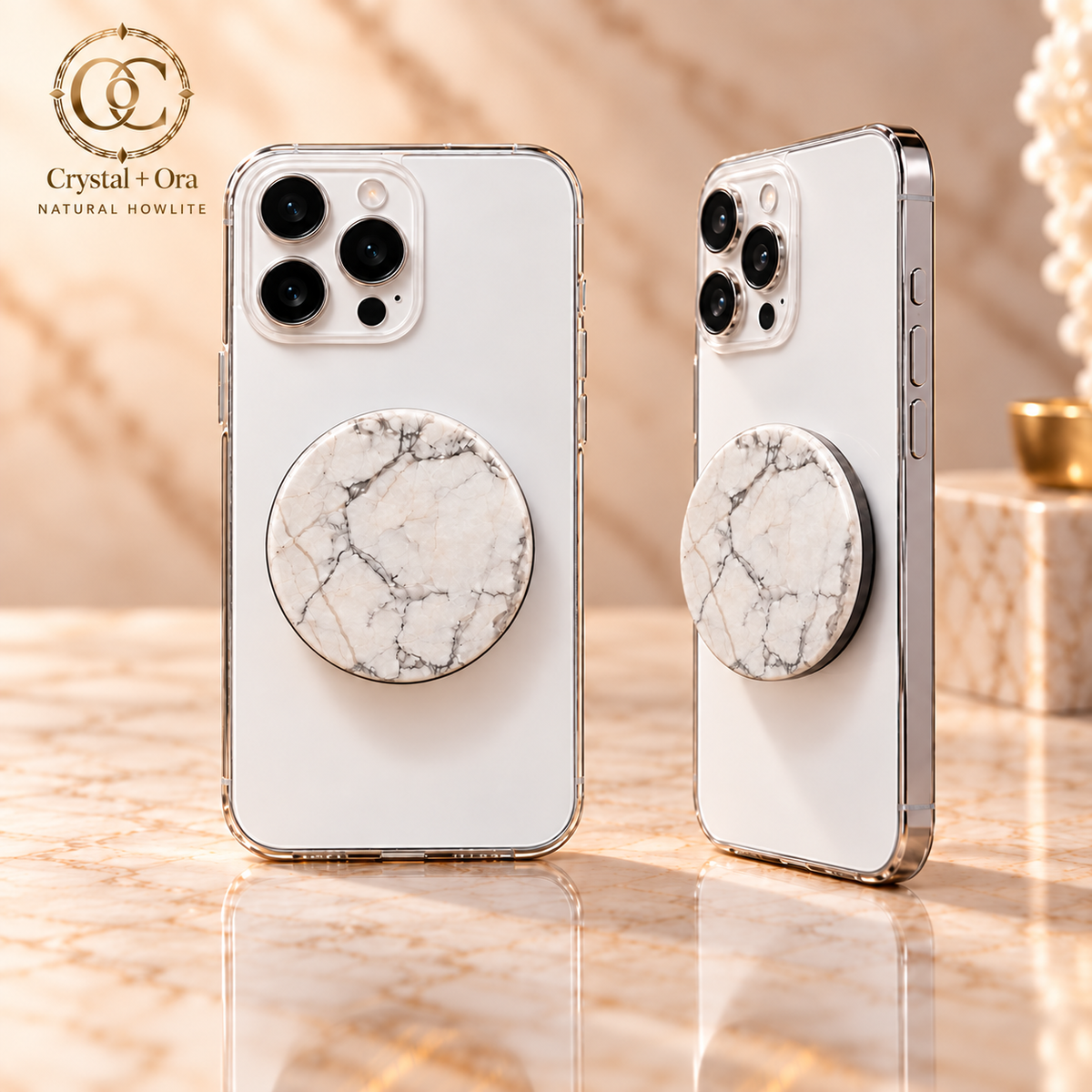 Howlite Halo MagSafe Phone Grip — two aligned phone views