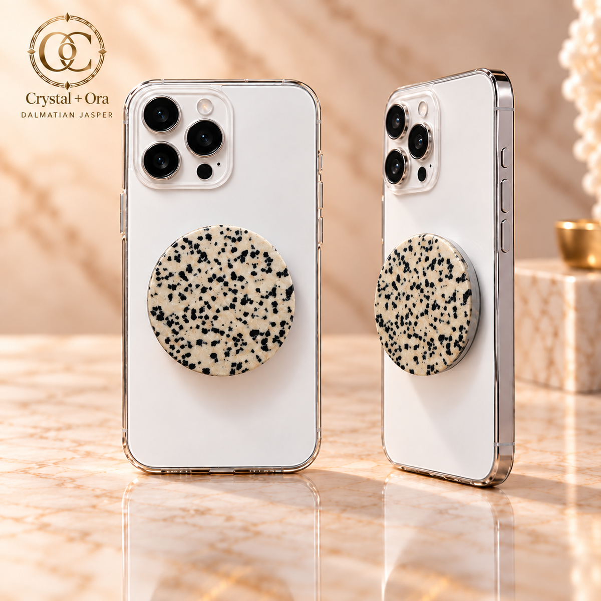 Dalmatian Jasper Halo MagSafe Phone Grip — two aligned phone views
