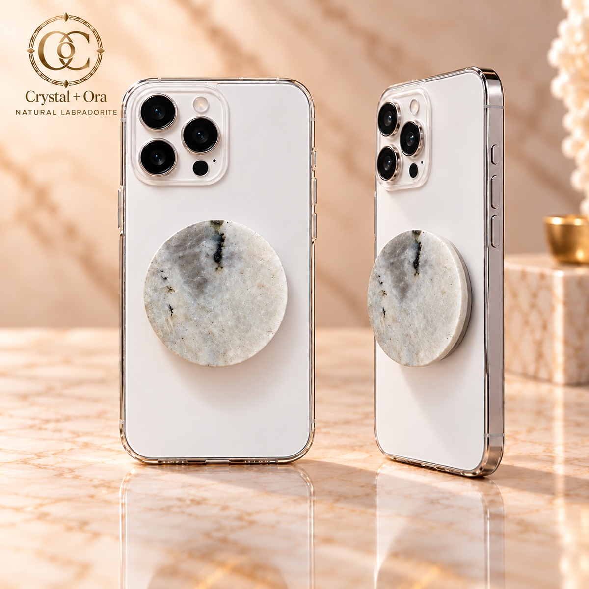 Labradorite Halo MagSafe Phone Grip — two aligned phone views