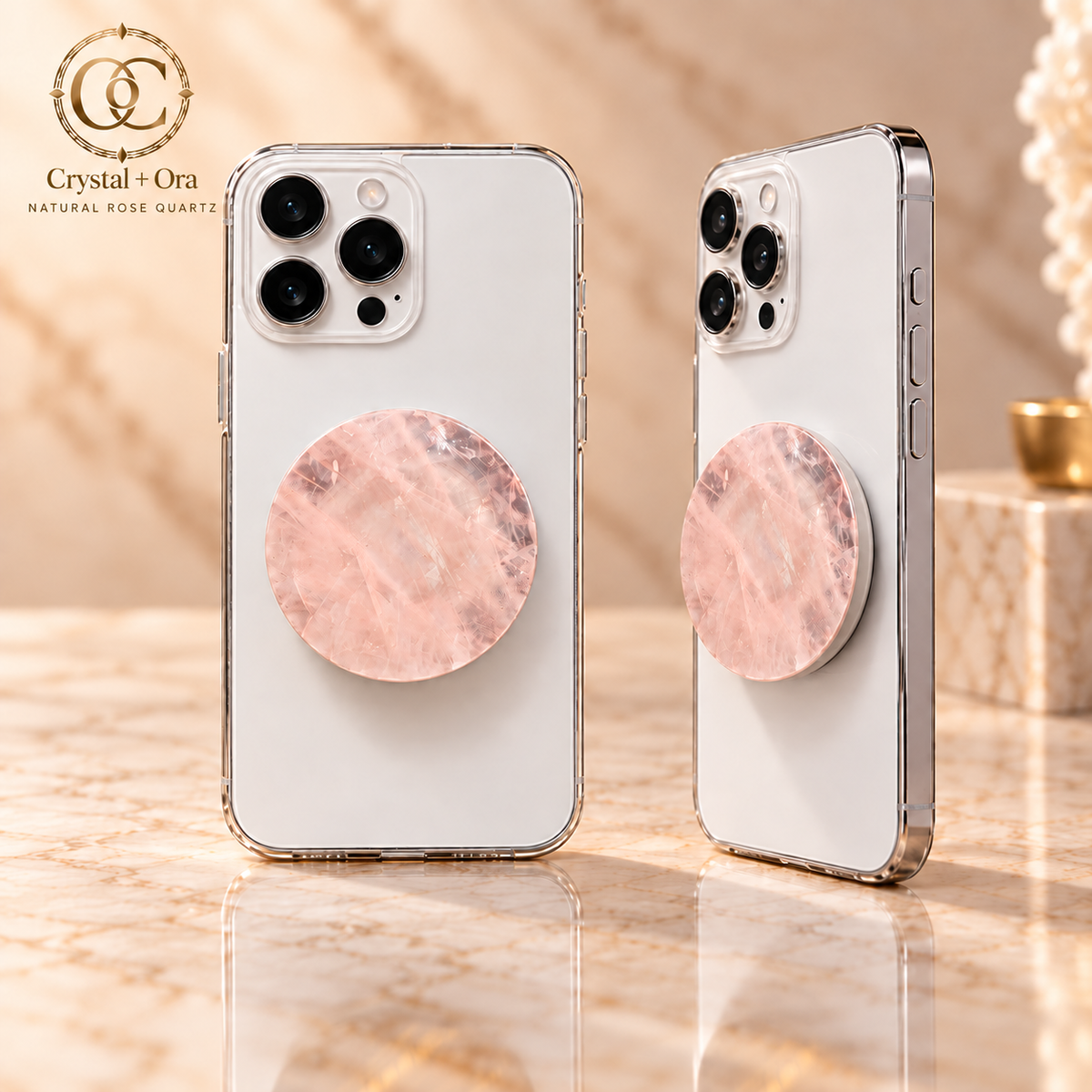 Rose Quartz Halo MagSafe Phone Grip — two aligned phone views