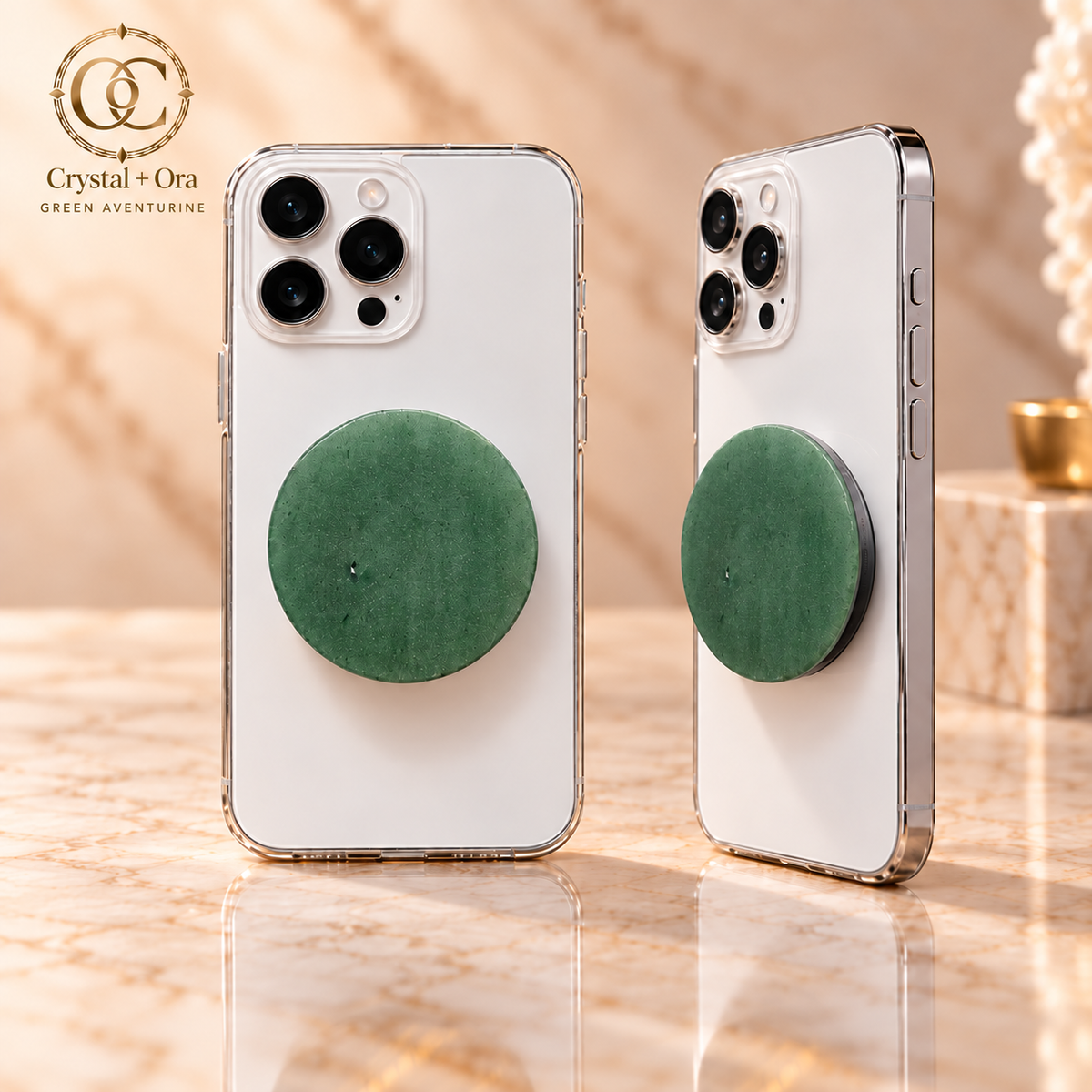 Green Aventurine Halo MagSafe Phone Grip — two aligned phone views