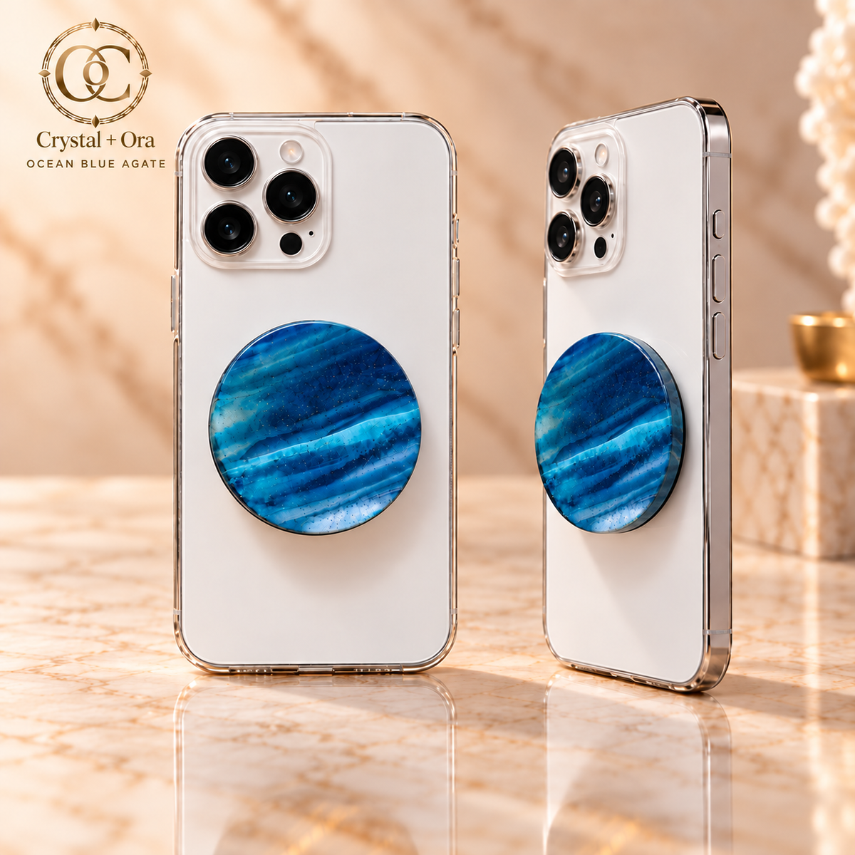 Ocean Blue Agate Halo MagSafe Phone Grip — two aligned phone views