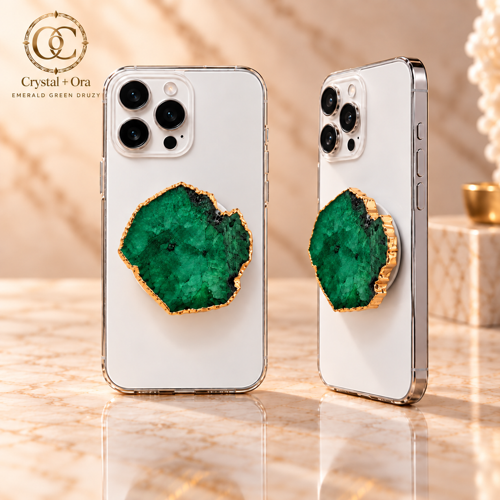 Emerald Green Druzy MagSafe Phone Grip — two aligned phone views