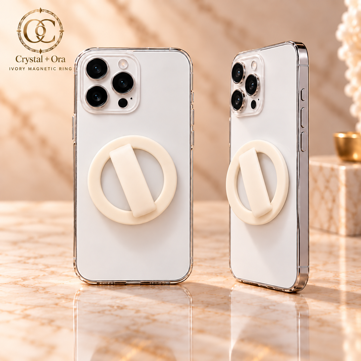 Ivory Magnetic Silicone Phone Ring — two aligned phone views