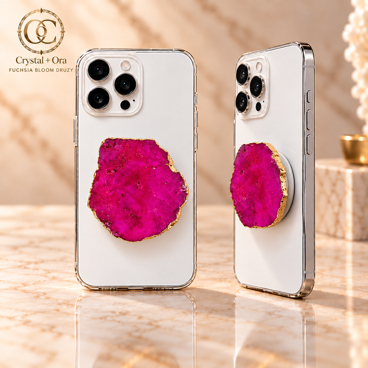 Fuchsia Bloom Druzy MagSafe Phone Grip — two aligned phone views