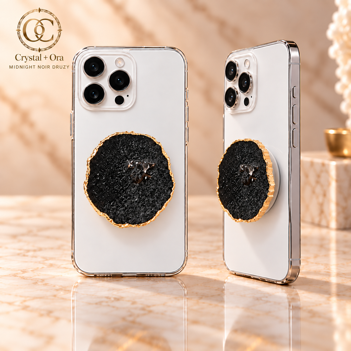 Midnight Noir Druzy MagSafe Phone Grip — two aligned phone views