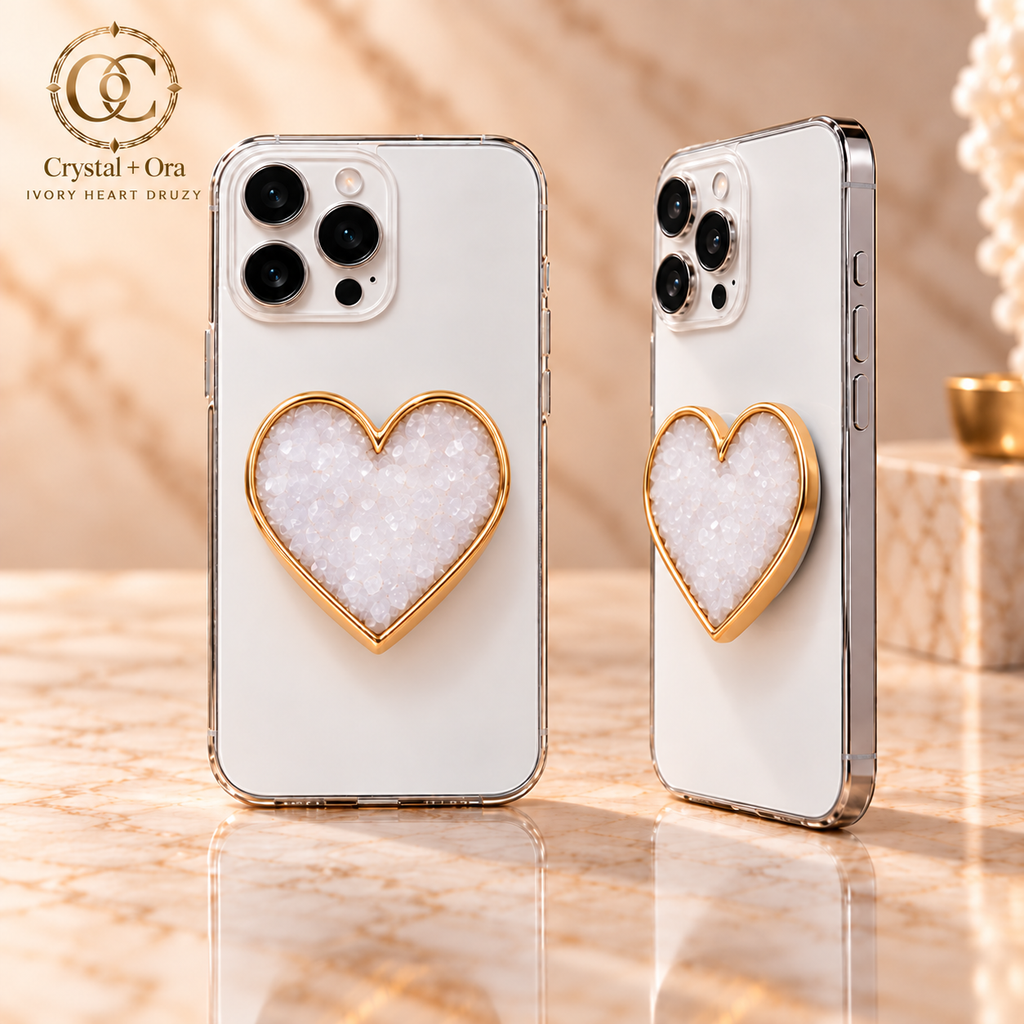 Ivory Heart Druzy Adhesive Phone Grip — two aligned phone views