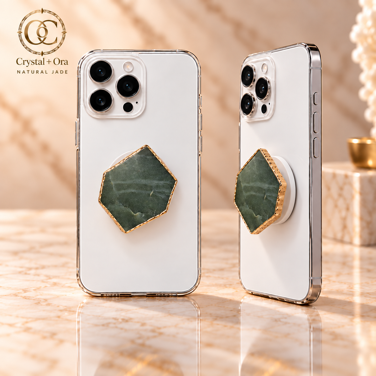 Natural jade phone grip — two aligned phone views
