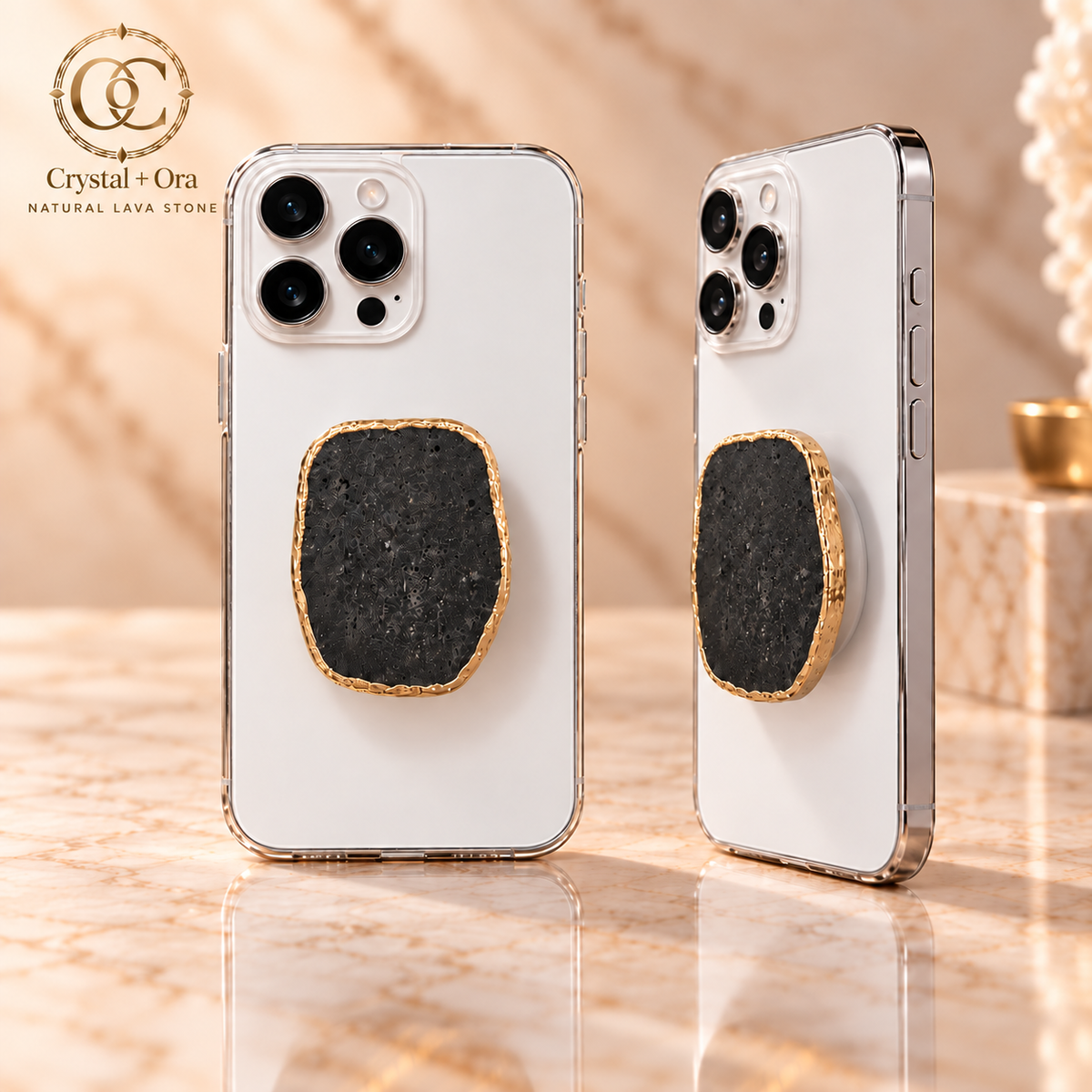 Black Lava Stone Mineral Phone Grip with Gold-Tone Edge — two aligned phone views