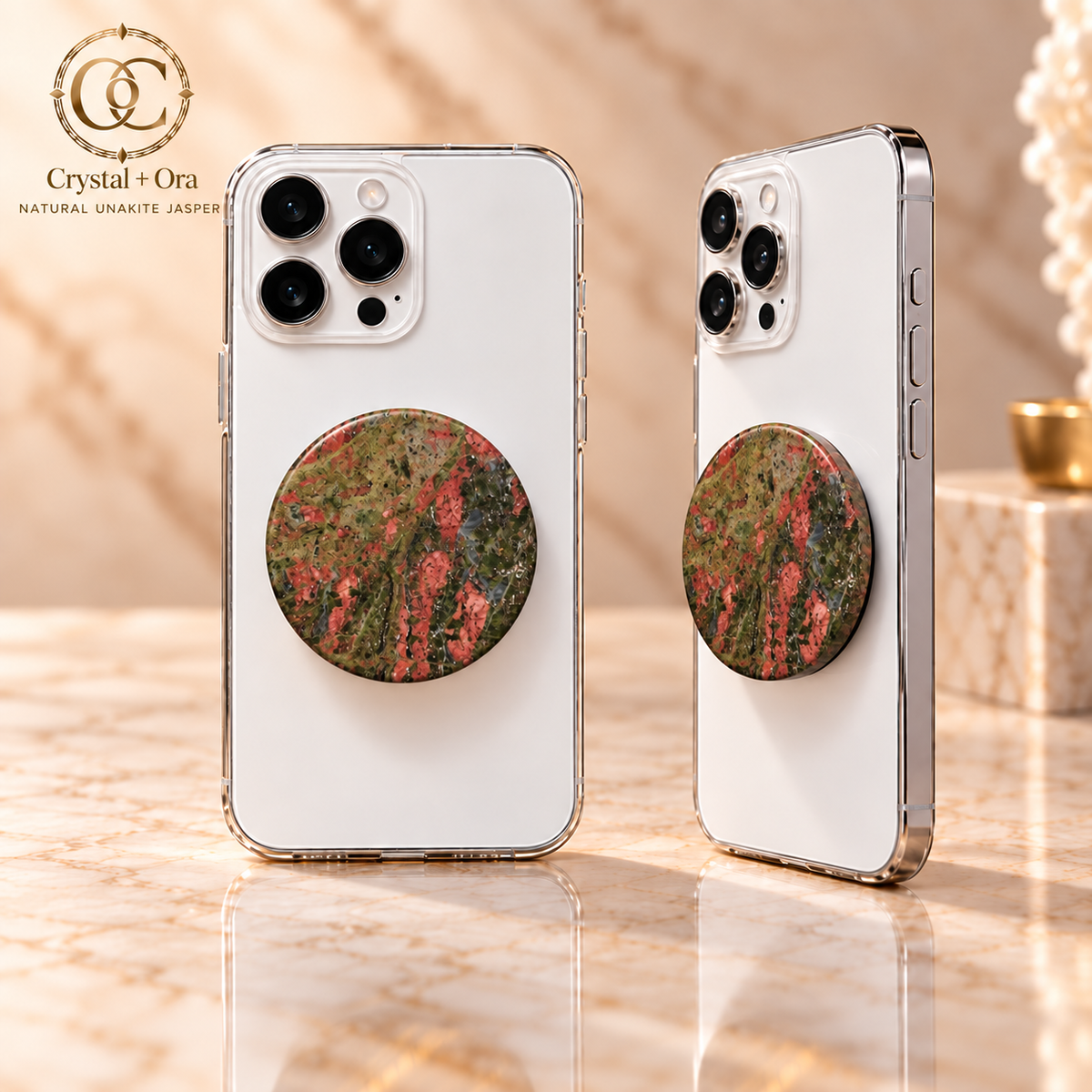 Natural Unakite Jasper Mineral Phone Grip — two aligned phone views
