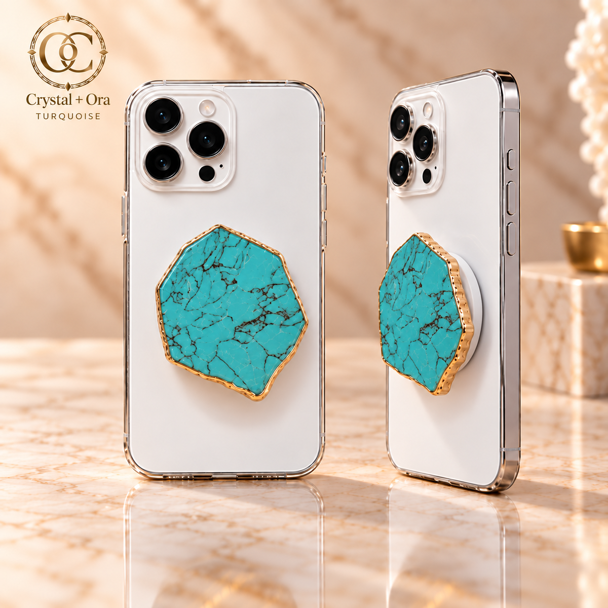 Natural Turquoise Adhesive Phone Grip with Gold-Tone Edge — two aligned phone views