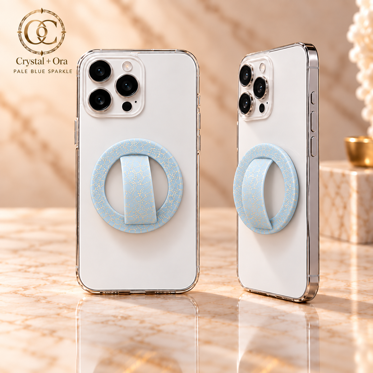 Pale Blue Sparkle Magnetic Silicone Phone Ring — two aligned phone views