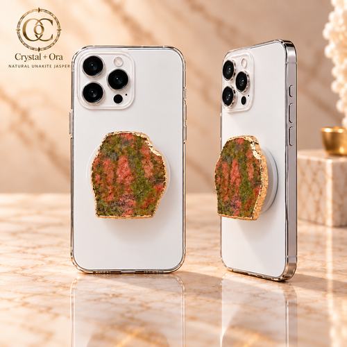 Natural Unakite Jasper Mineral Phone Grip with Gold-Tone Edge — two aligned phone views