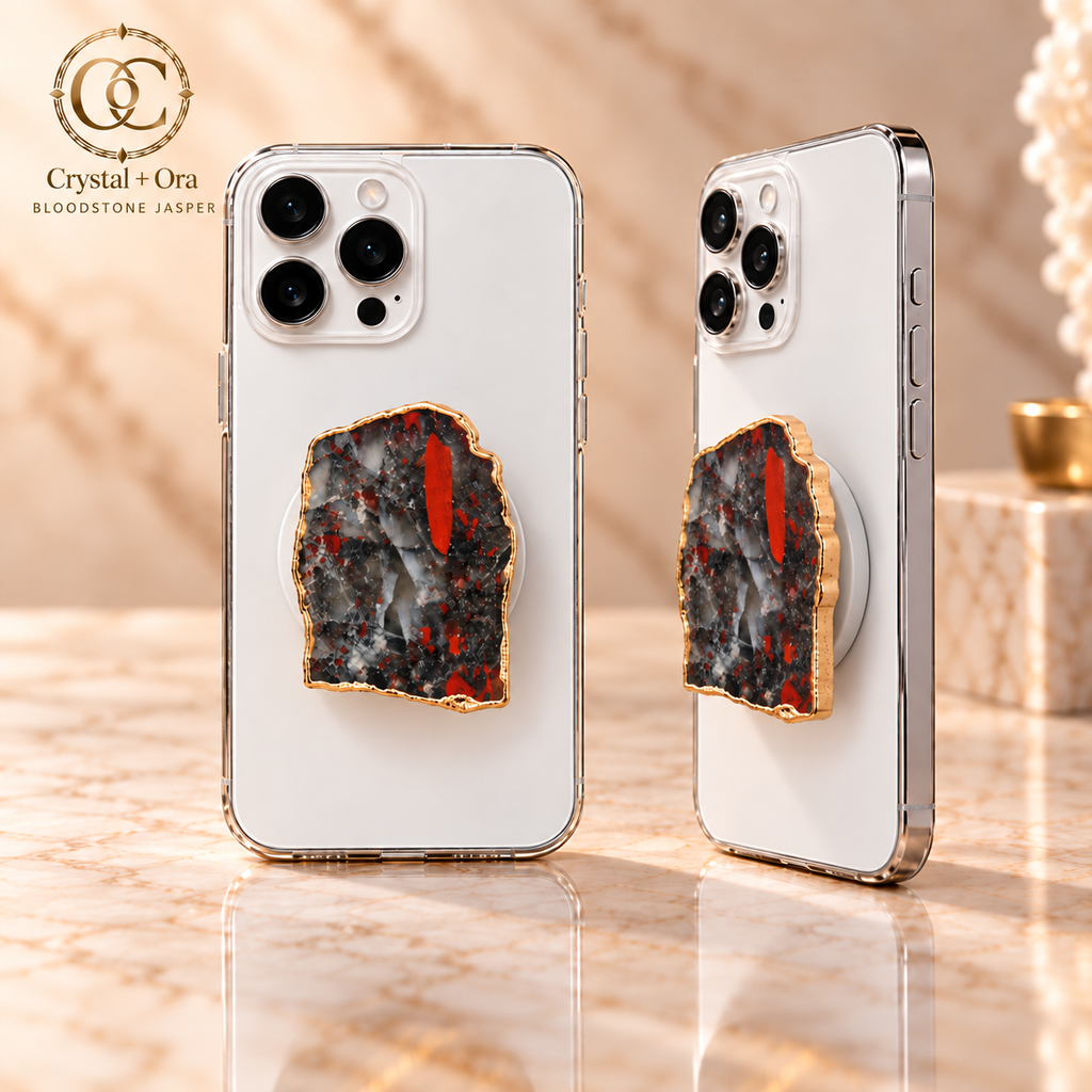 Natural Bloodstone Jasper Mineral Phone Grip with Gold-Tone Edge — two aligned phone views