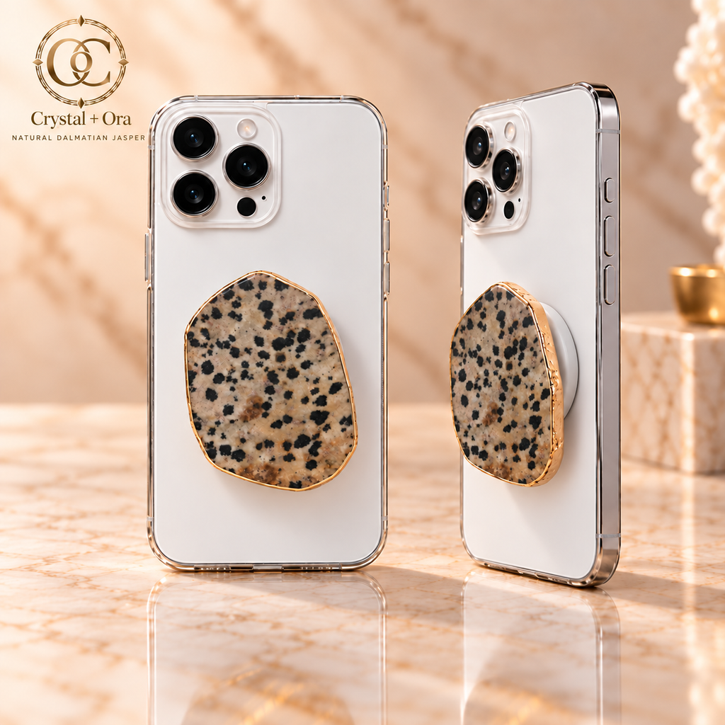 Natural Dalmatian Jasper Mineral Phone Grip with Gold-Tone Edge — two aligned phone views
