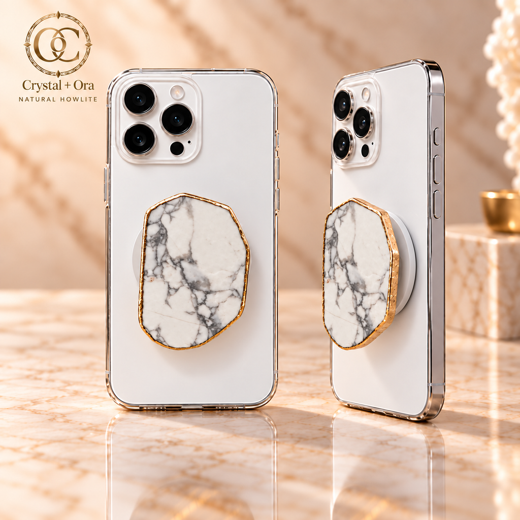 Natural Howlite Mineral Phone Grip with Gold-Tone Edge — two aligned phone views